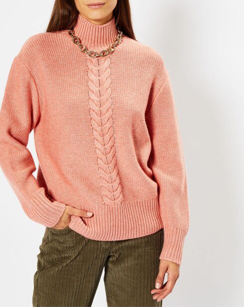Pull en Laine & Cachemire Zephyr torsade col montant rose