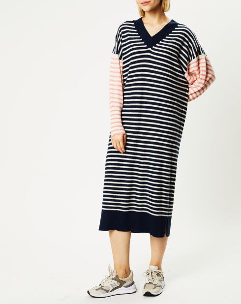 Robe pull marinière 100% Cachemire Fabia col V rayures marine/écru/rose