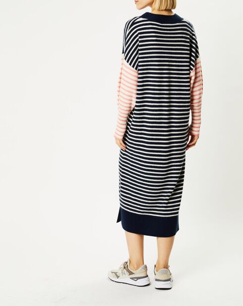 Robe pull marinière 100% Cachemire Fabia col V rayures marine/écru/rose