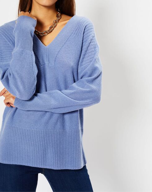 Pull 100% Cachemire Frani col V bleu lavande