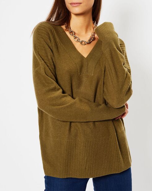 Pull 100% Cachemire Frani col V kaki