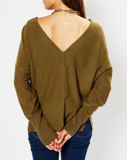 Pull 100% Cachemire Frani col V kaki