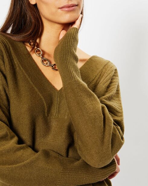 Pull 100% Cachemire Frani col V kaki