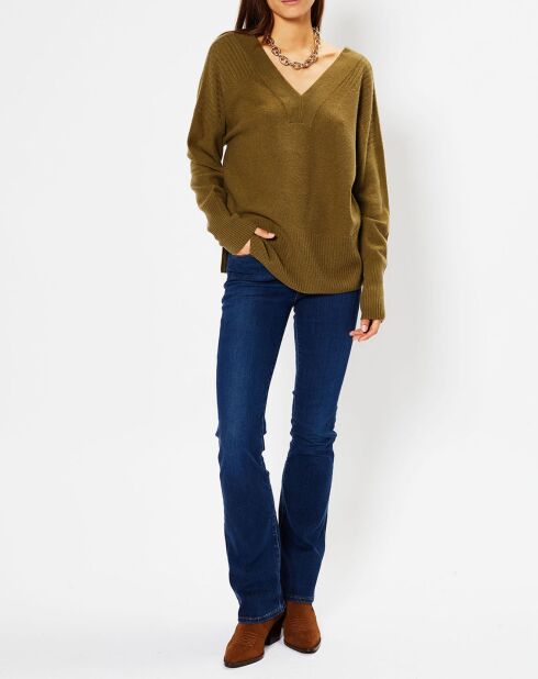 Pull 100% Cachemire Frani col V kaki