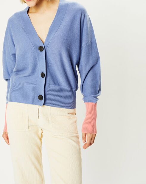 Cardigan 100% Cachemire Fabiola col V bicolore bleu/rose
