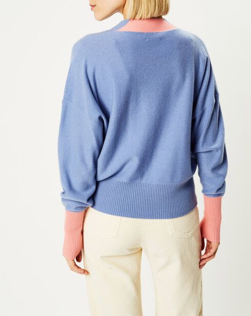 Cardigan 100% Cachemire Fabiola col V bicolore bleu/rose