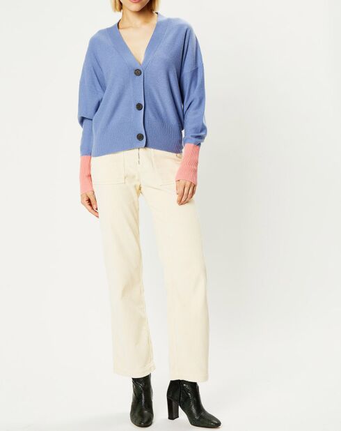 Cardigan 100% Cachemire Fabiola col V bicolore bleu/rose