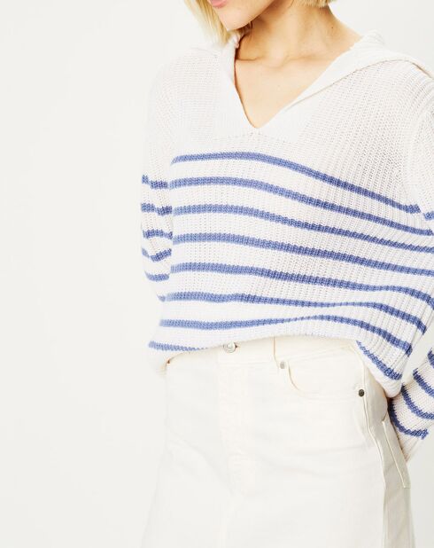 Pull polo en Laine & Cachemire Fano à rayures bleu/écru