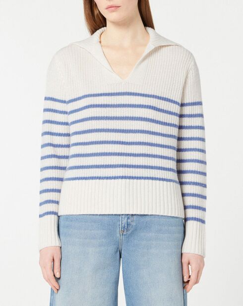 Pull polo en Laine & Cachemire Fano à rayures bleu/écru