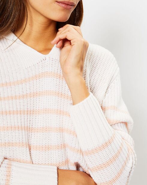 Pull polo en Laine & Cachemire Fano à rayures écru/rose