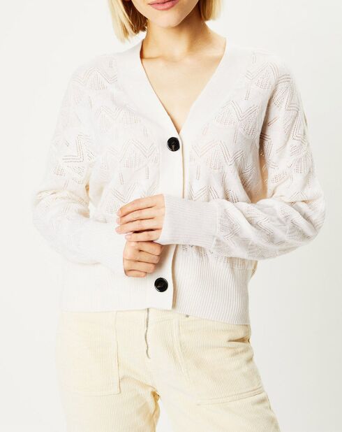 Cardigan en Laine & Cachemire Fabiola ajouré col V écru