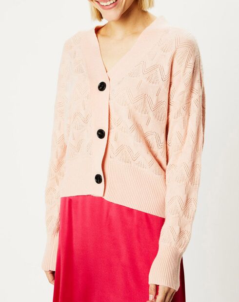 Cardigan en Laine & Cachemire Fabiola ajouré col V rose clair