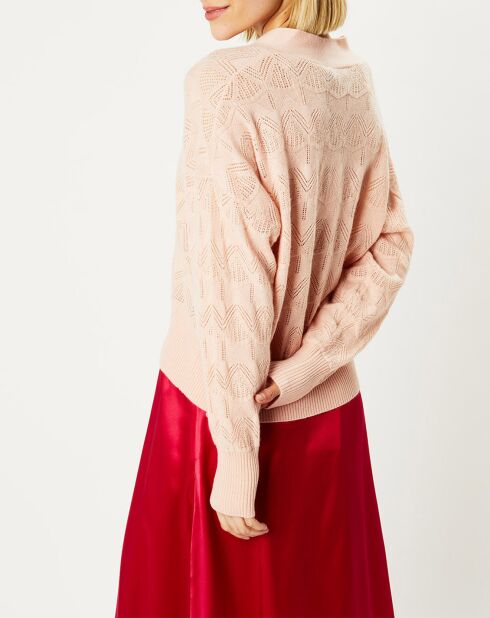 Cardigan en Laine & Cachemire Fabiola ajouré col V rose clair