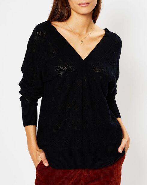 Pull en Laine & Cachemire Frani col V en maille ajourée noir