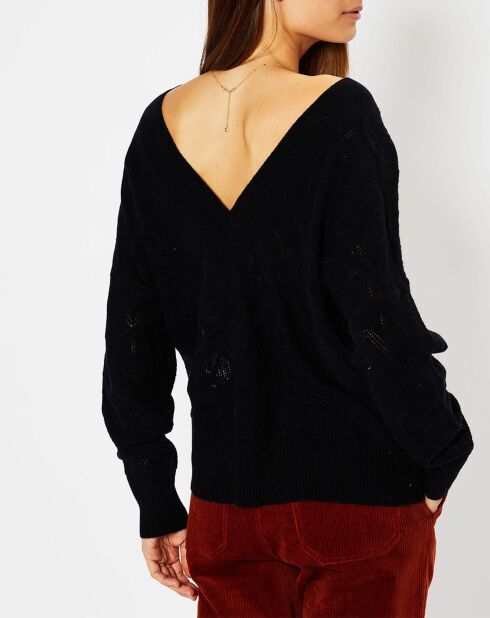 Pull en Laine & Cachemire Frani col V en maille ajourée noir