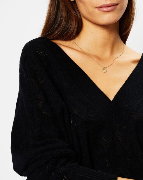 Pull en Laine & Cachemire Frani col V en maille ajourée noir