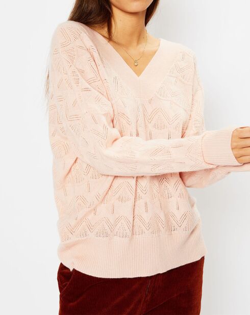 Pull en Laine & Cachemire Frani col V en maille ajourée rose clair
