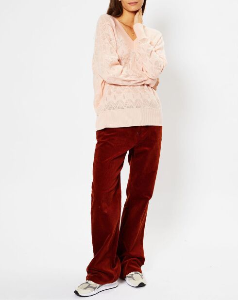 Pull en Laine & Cachemire Frani col V en maille ajourée rose clair