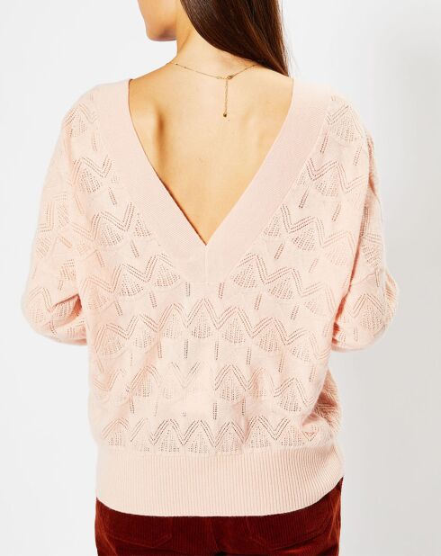 Pull en Laine & Cachemire Frani col V en maille ajourée rose clair
