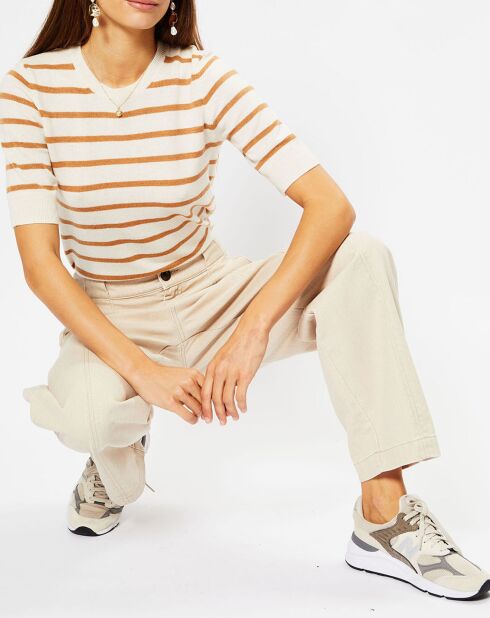 Pull en Laine & Cachemire Sifi manches courtes rayé écru/beige