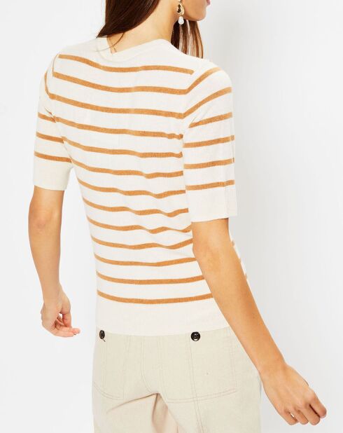 Pull en Laine & Cachemire Sifi manches courtes rayé écru/beige