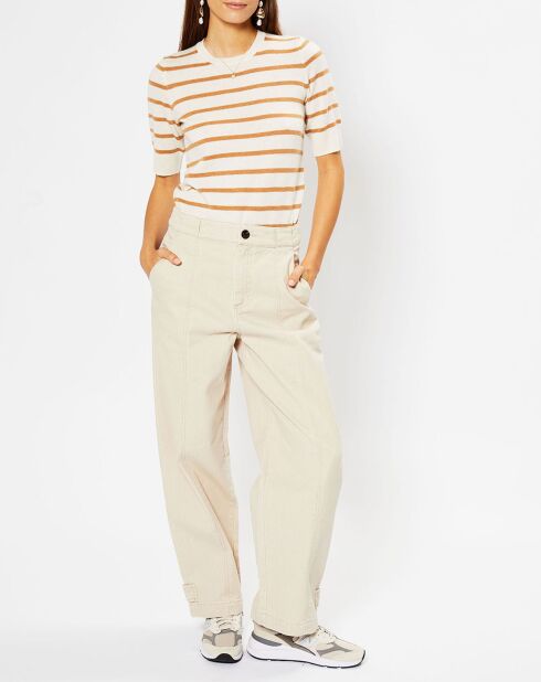 Pull en Laine & Cachemire Sifi manches courtes rayé écru/beige