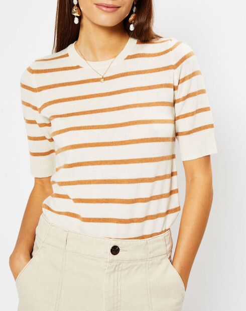 Pull en Laine & Cachemire Sifi manches courtes rayé écru/beige