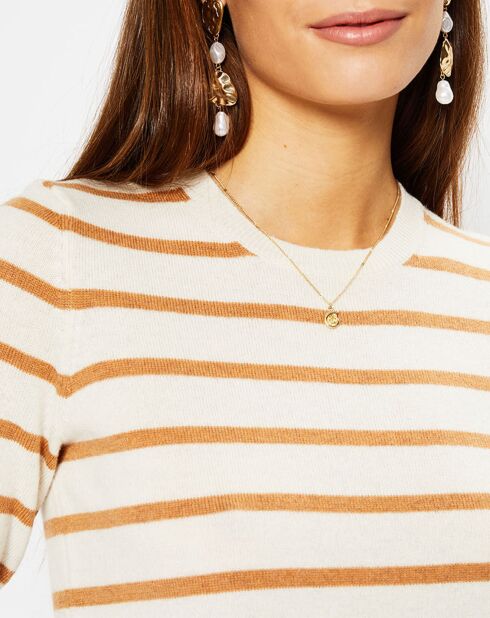 Pull en Laine & Cachemire Sifi manches courtes rayé écru/beige