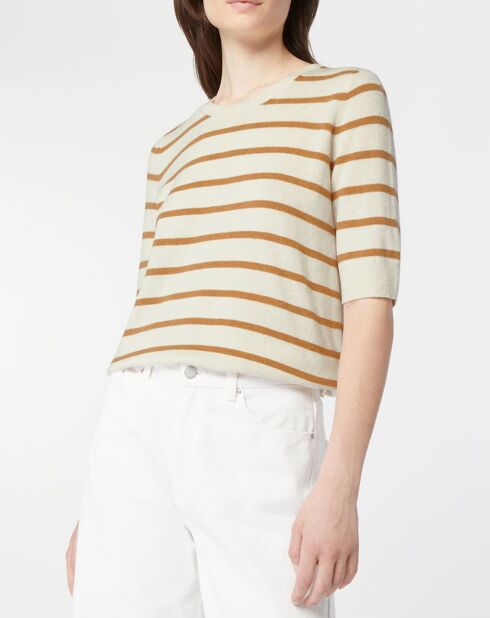 Pull en Laine & Cachemire Sifi manches courtes rayé écru/beige