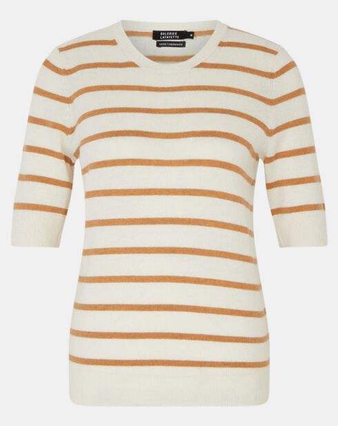 Pull en Laine & Cachemire Sifi manches courtes rayé écru/beige