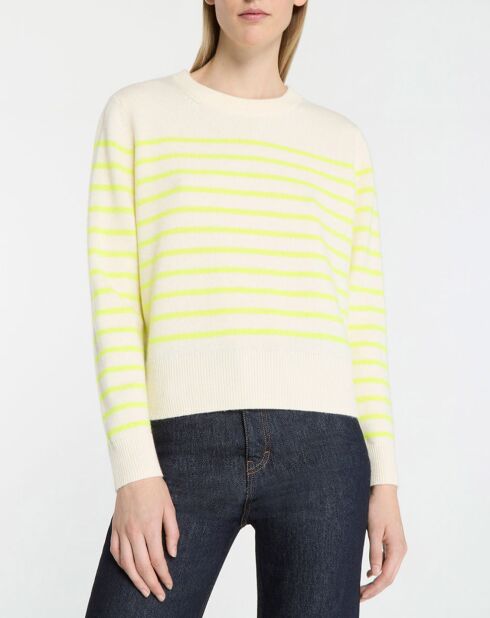Pull en Laine & Cachemire Sadi marinière col rond écru/jaune