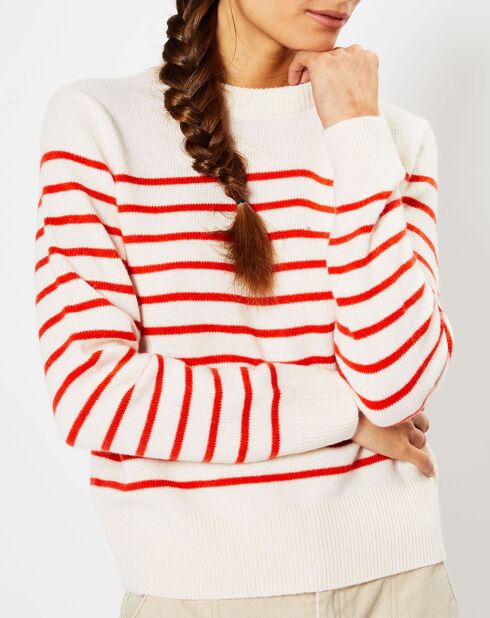 Pull en Laine & Cachemire Sadi marinière col rond écru/orange