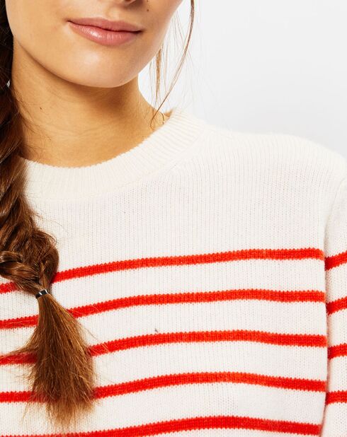Pull en Laine & Cachemire Sadi marinière col rond écru/orange