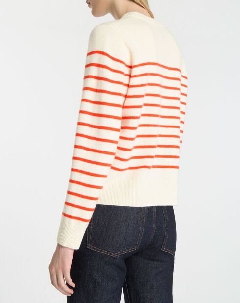 Pull en Laine & Cachemire Sadi marinière col rond écru/orange