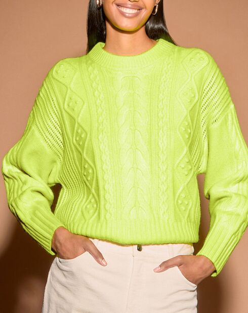 Pull en Laine & Cachemire Foug T col rond jaune fluo