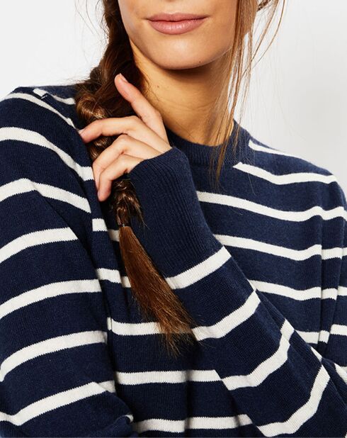 Pull en Laine & Cachemire Sabri col rond rayé marine/écru