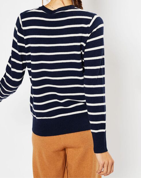 Pull en Laine & Cachemire Sabri col rond rayé marine/écru