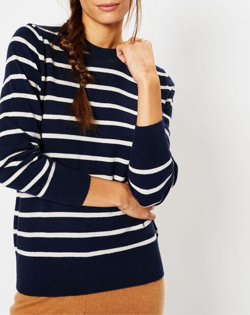 Pull en Laine & Cachemire Sabri col rond rayé marine/écru