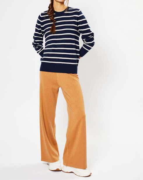 Pull en Laine & Cachemire Sabri col rond rayé marine/écru