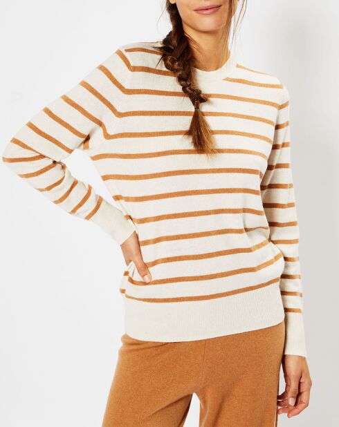 Pull en Laine & Cachemire Sabri col rond rayé écru/beige