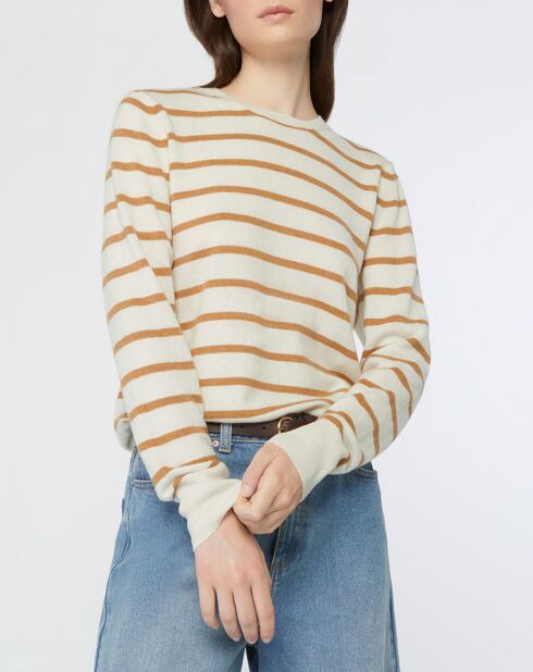Pull en Laine & Cachemire Sabri col rond rayé écru/beige