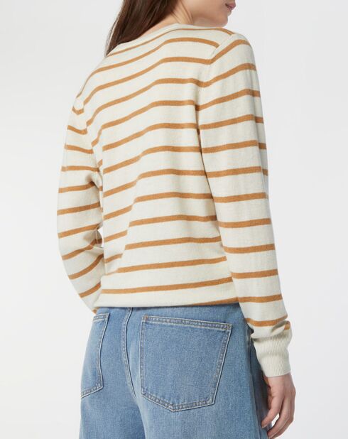 Pull en Laine & Cachemire Sabri col rond rayé écru/beige