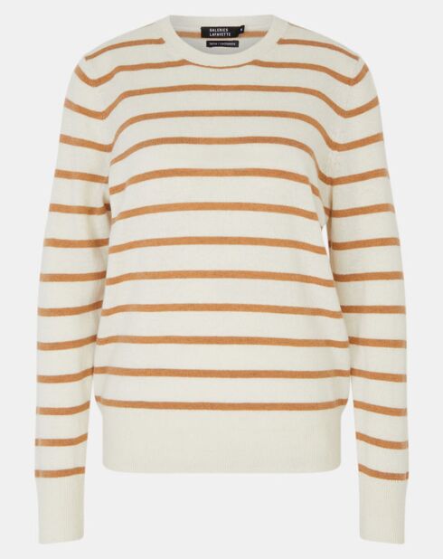 Pull en Laine & Cachemire Sabri col rond rayé écru/beige