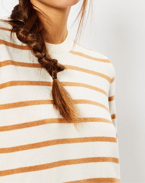 Pull en Laine & Cachemire Sabri col rond rayé écru/beige