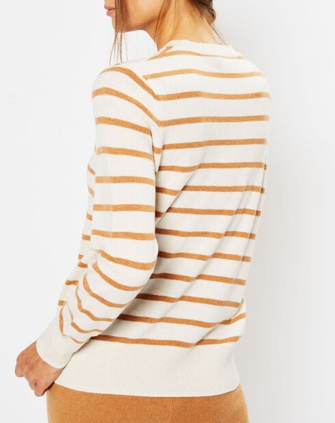 Pull en Laine & Cachemire Sabri col rond rayé écru/beige