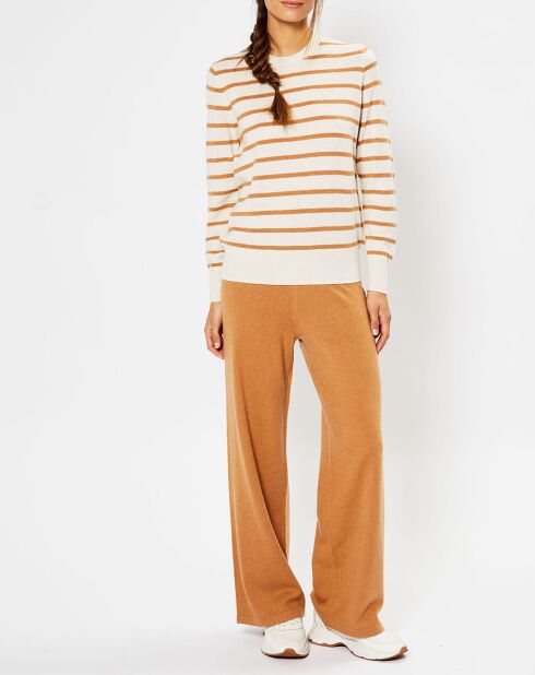 Pull en Laine & Cachemire Sabri col rond rayé écru/beige