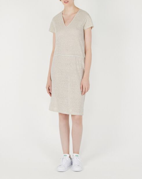 Robe longue en Coton & Lin mélangés Vanille rayée écrue