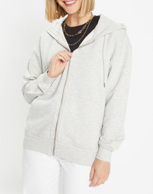 Sweat zippé en Coton bio Mathalie à capuche gris chiné