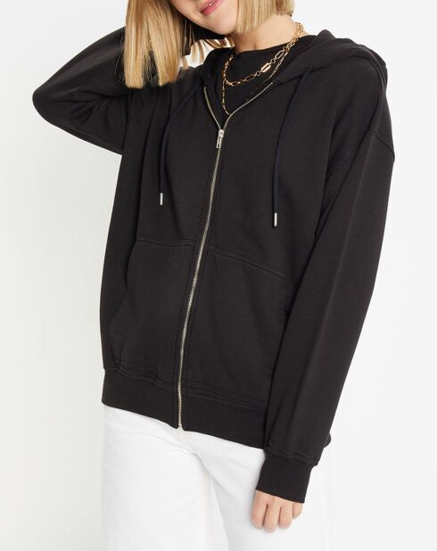 Sweat zippé en Coton bio Mathalie à capuche noir