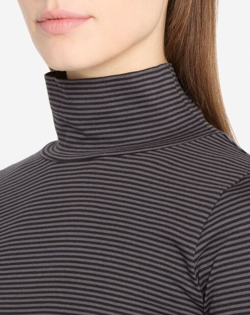 T-Shirt ajusté en Coton Pavot rayé à col montant gris/noir
